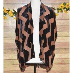 Dolan Antropologie L Brown Silk Black Velvet Chevron Open Top Jacket Sleeveless